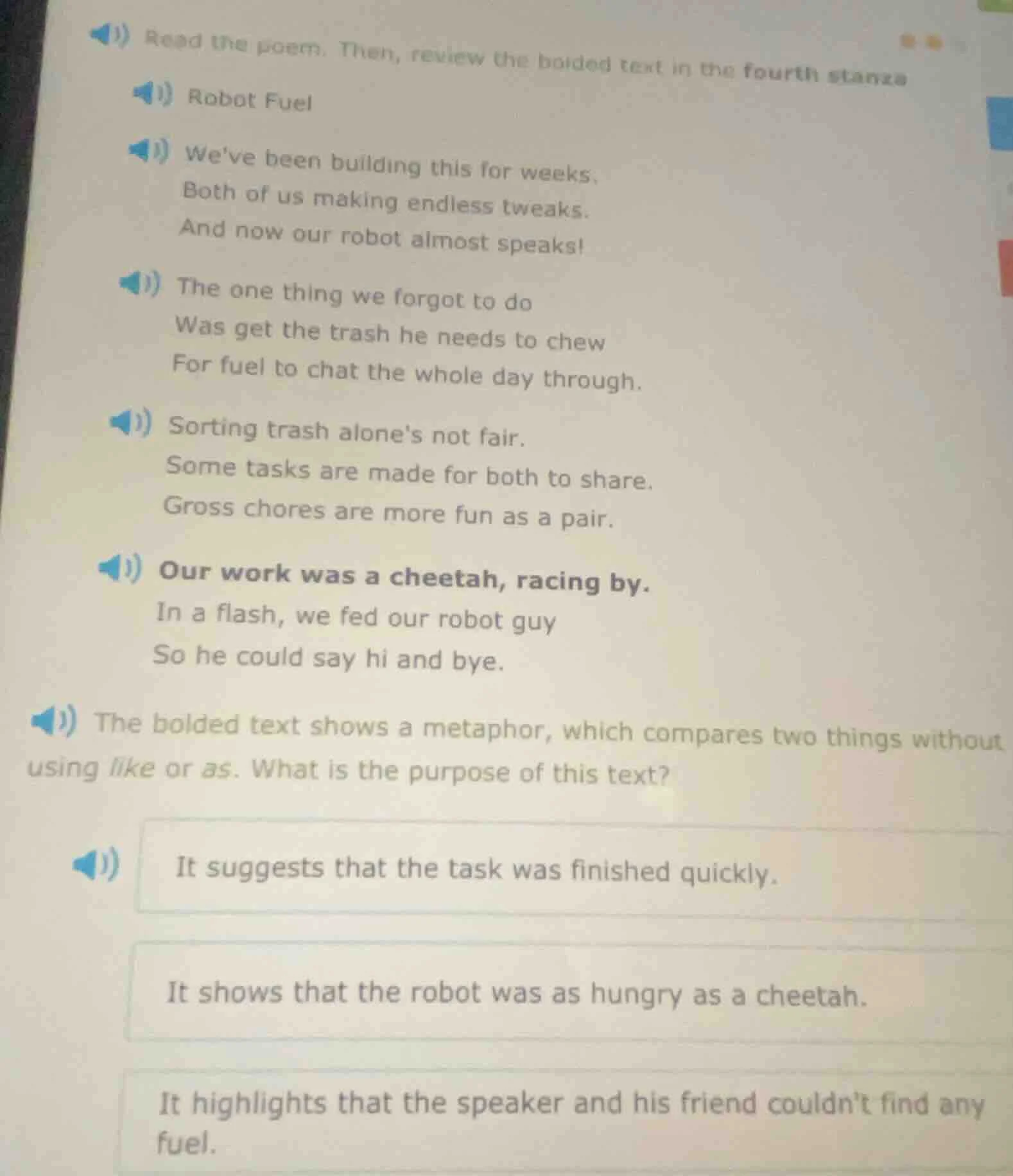 read the poem. then, review the bolded text in the fourth stanza robot …