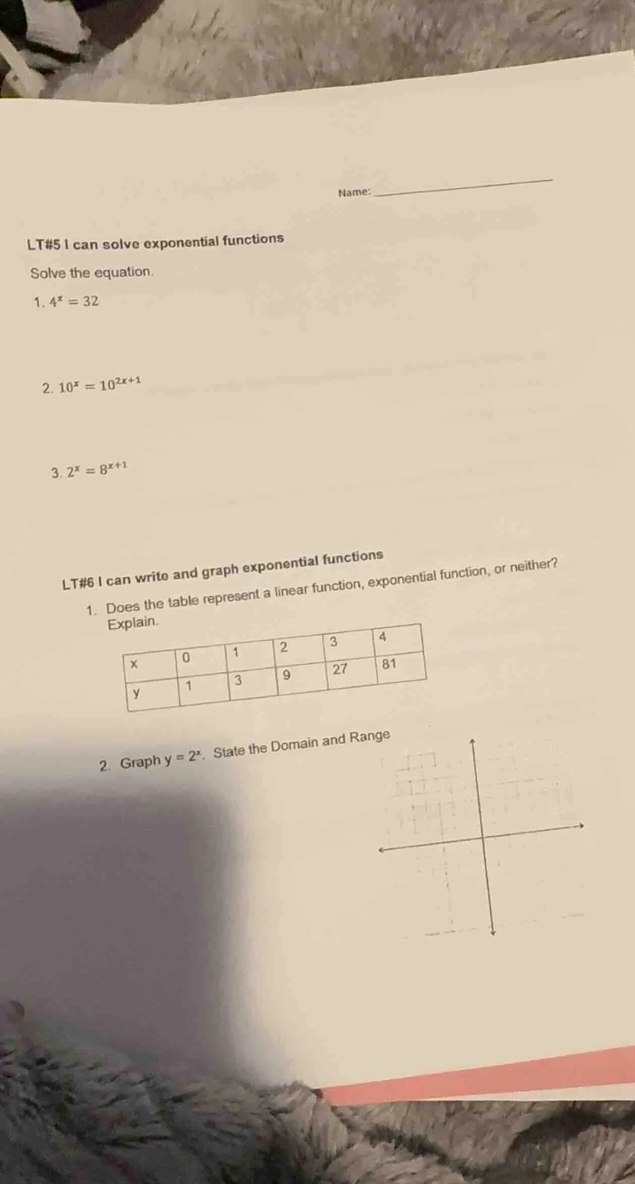 name: lt#5 i can solve exponential functions solve the equation. 1. $4^…