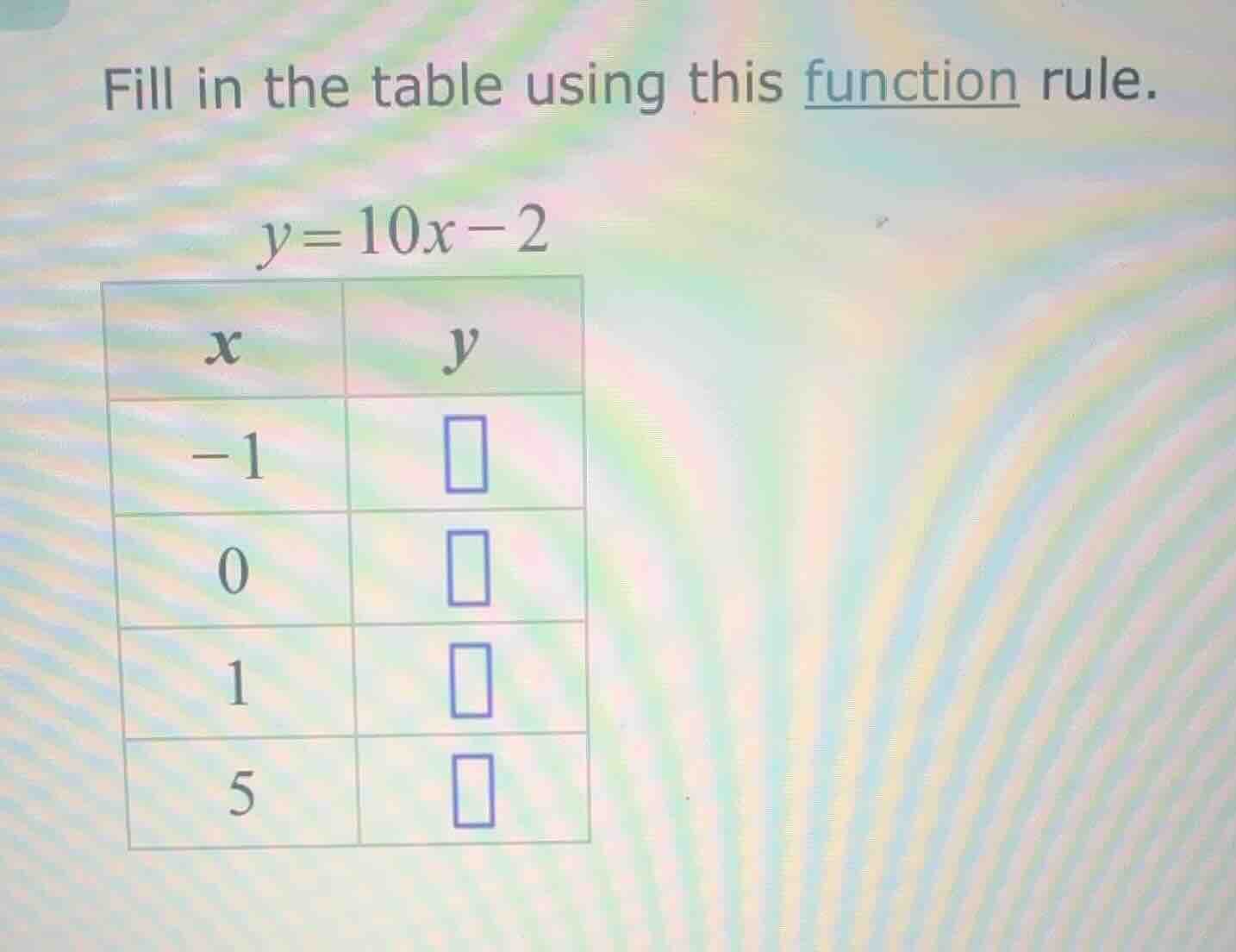 fill in the table using this function rule. y = 10x - 2 | x | y | | -1 …