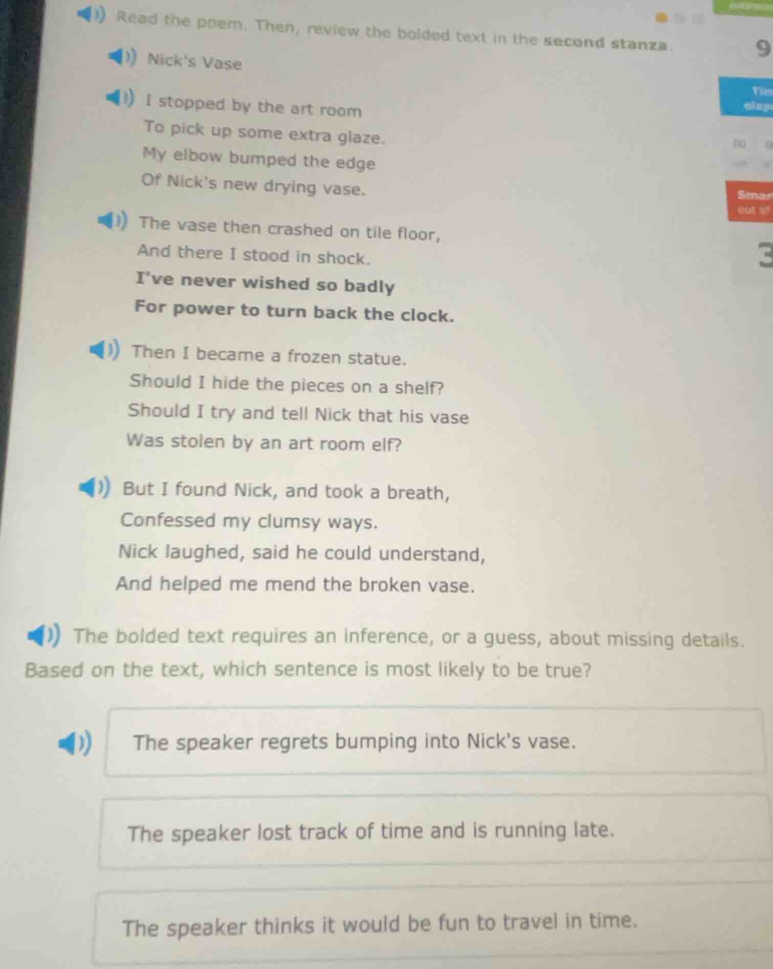 read the poem. then, review the bolded text in the second stanza. nicks…