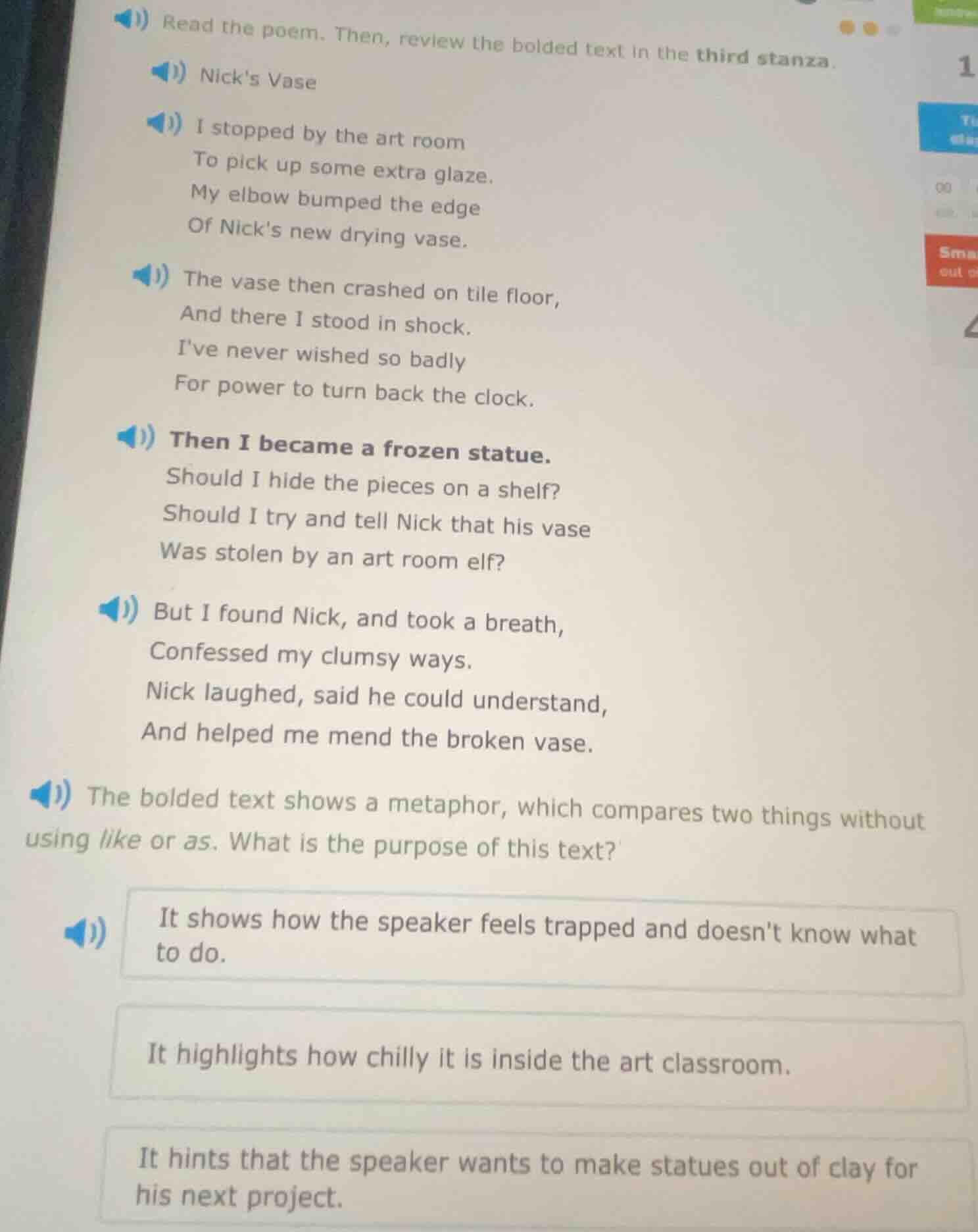 read the poem. then, review the bolded text in the third stanza. nicks …