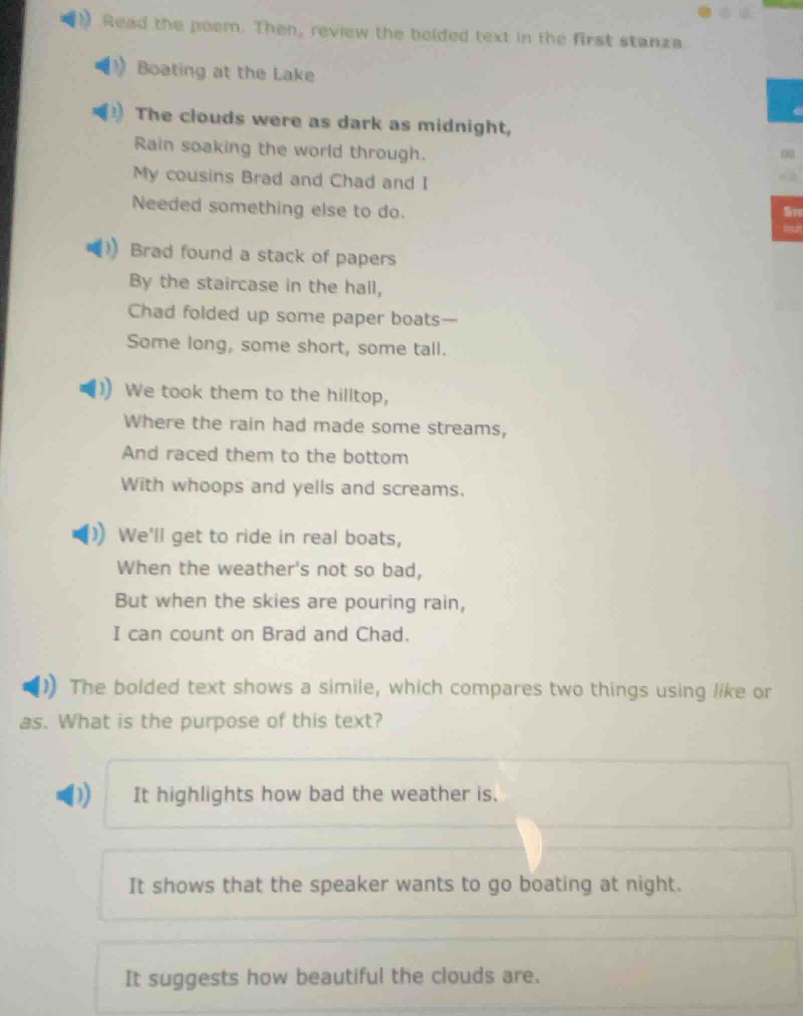 read the poem. then, review the bolded text in the first stanza boating…