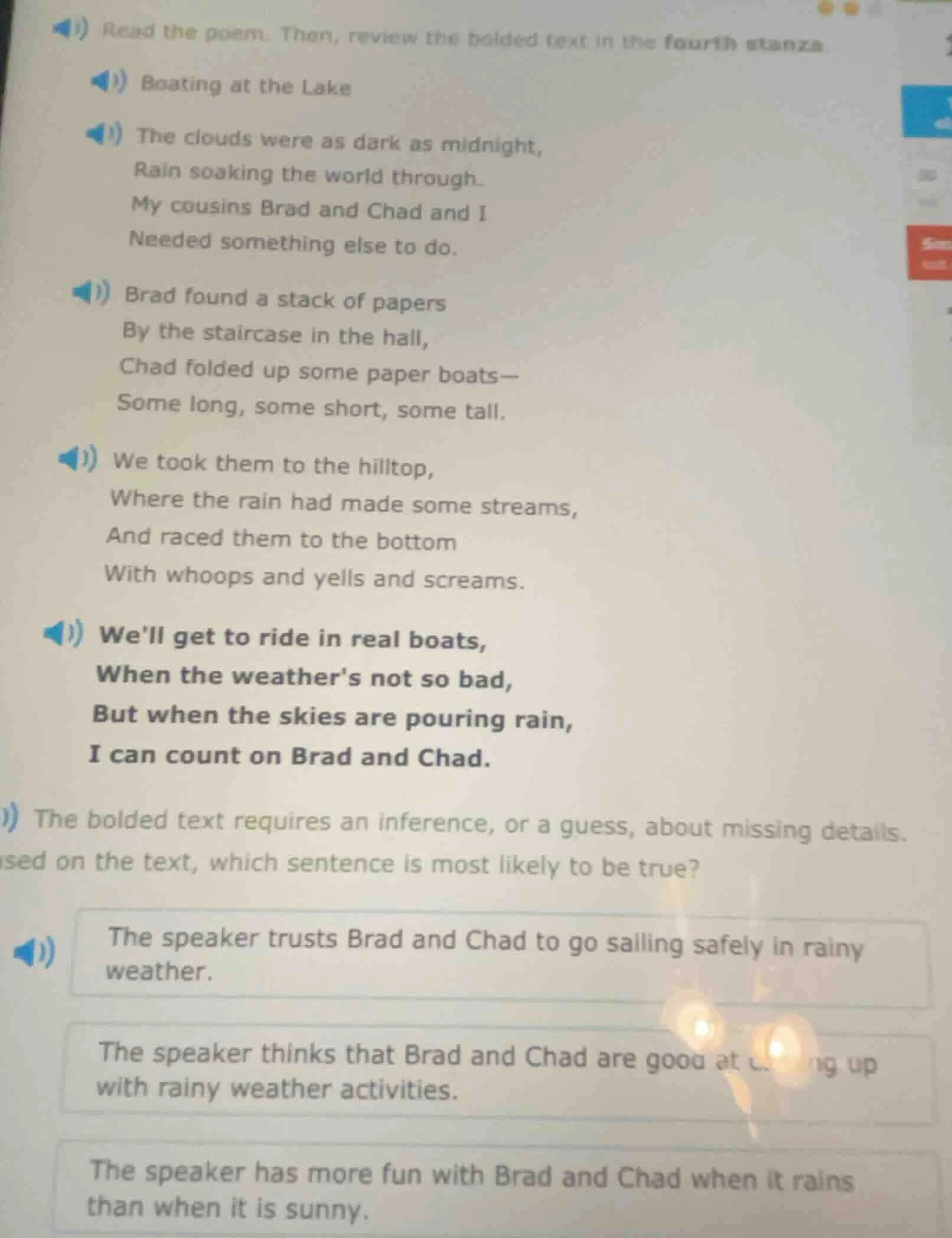 read the poem. then, review the bolded text in the fourth stanza. boati…