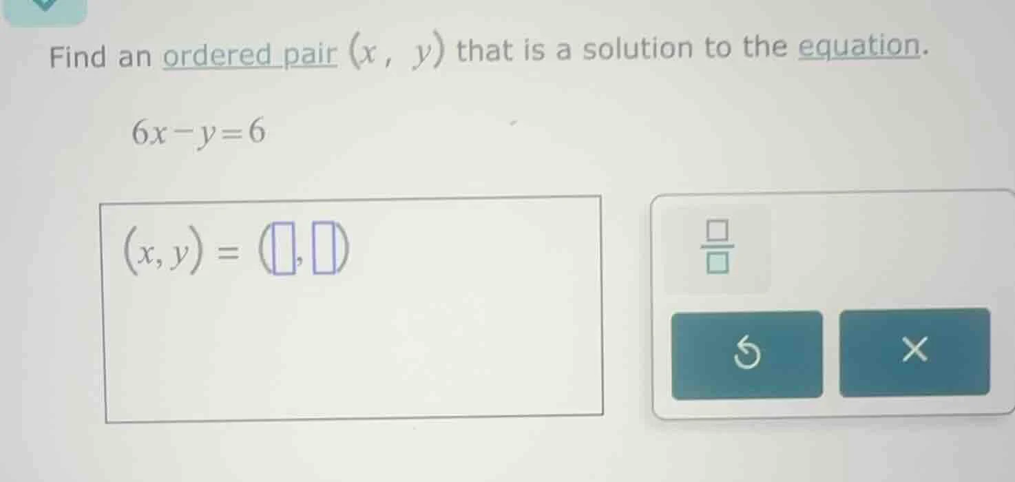 find an ordered pair (x, y) that is a solution to the equation. 6x - y …