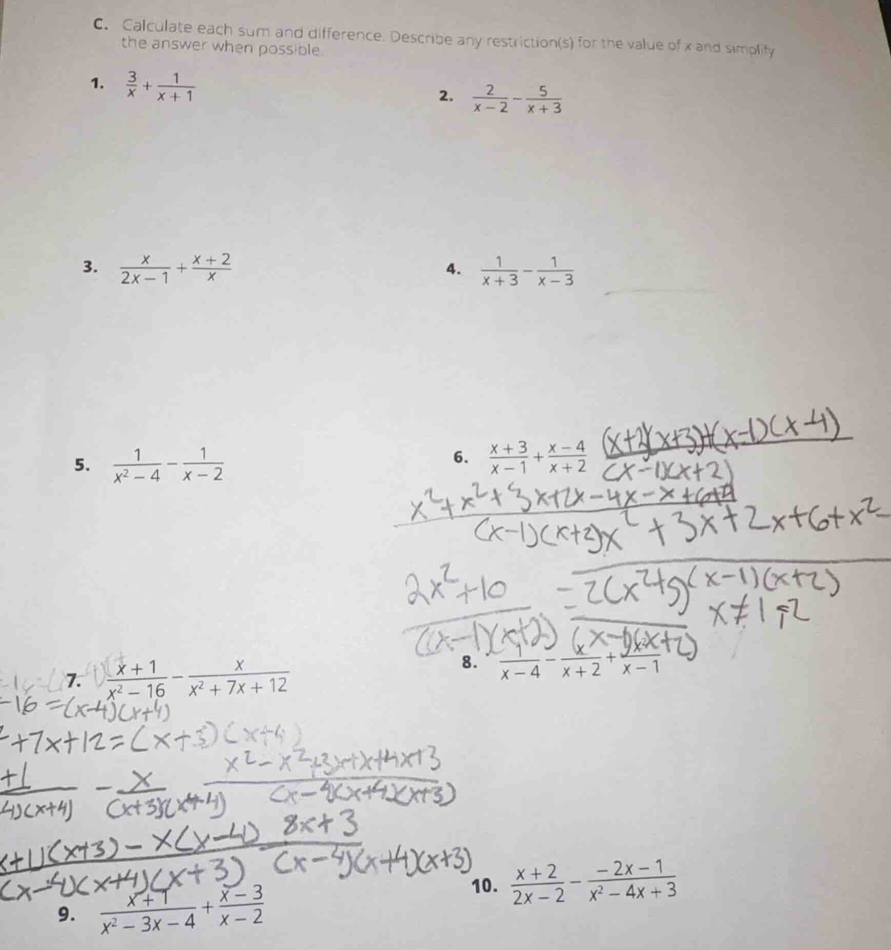 c. calculate each sum and difference. describe any restriction(s) for t…