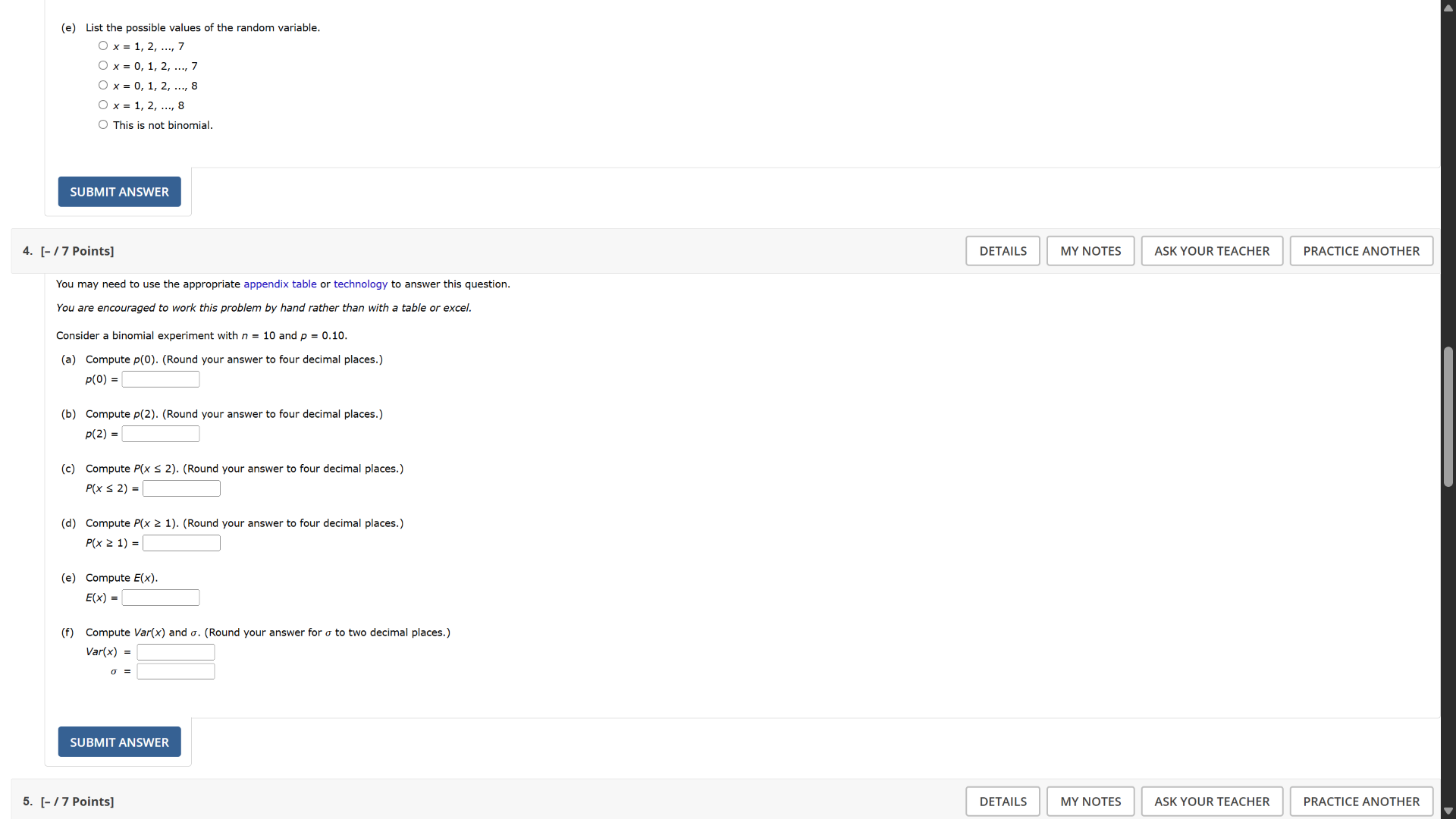 (e) list the possible values of the random variable. \\( x = 1, 2, \\ld…
