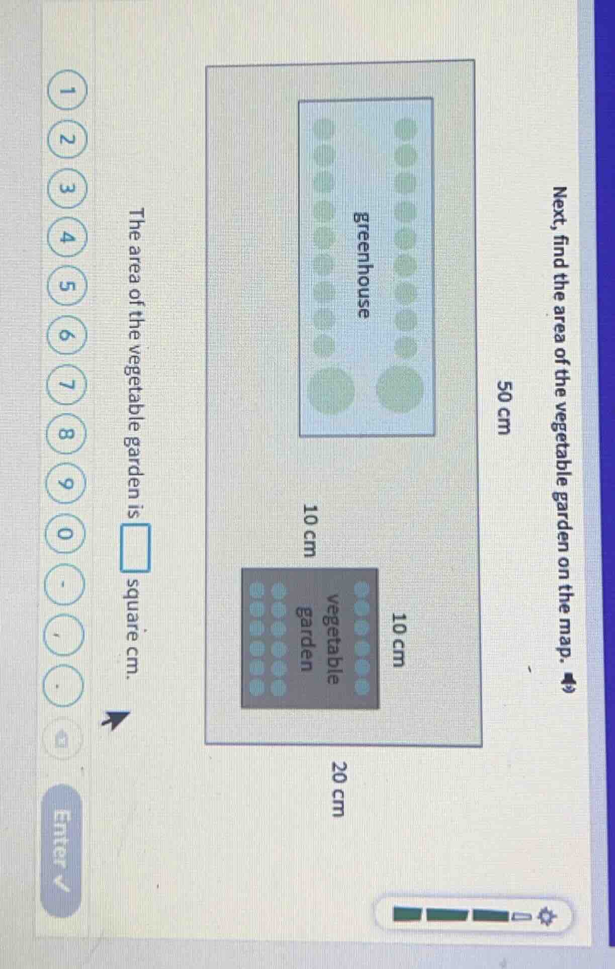 next, find the area of the vegetable garden on the map. the area of the…
