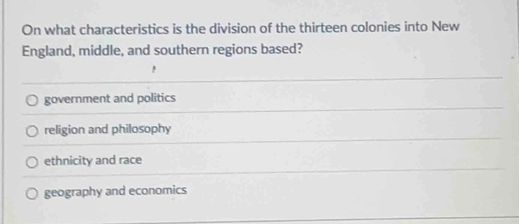 on what characteristics is the division of the thirteen colonies into n…