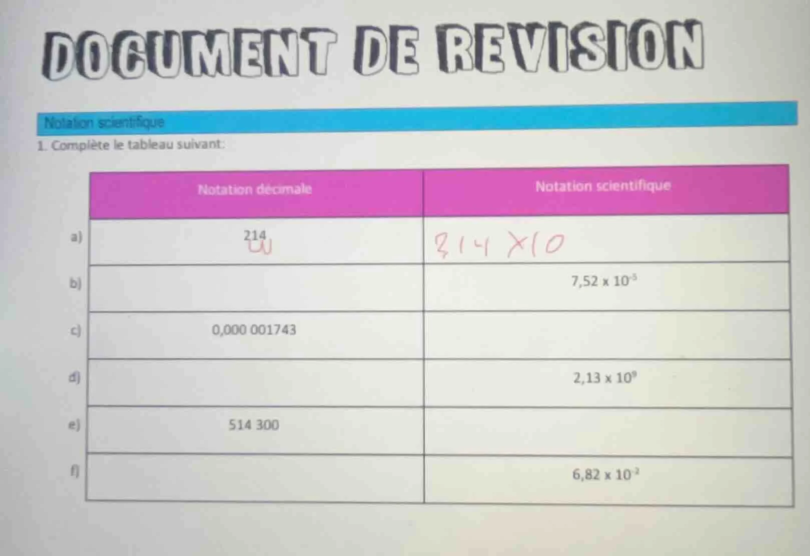 document de revision notation scientifique 1. complète le tableau suiva…