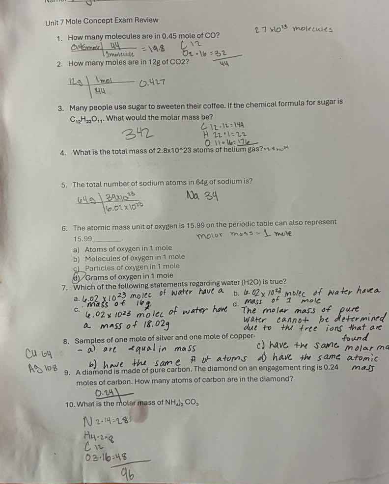 unit 7 mole concept exam review 1. how many molecules are in 0.45 mole …