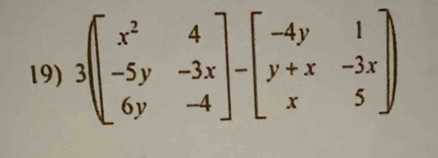 19) $3\\left(\\begin{bmatrix}x^2 & 4 \\\\ -5y & -3x \\\\ 6y & -4\\end{b…