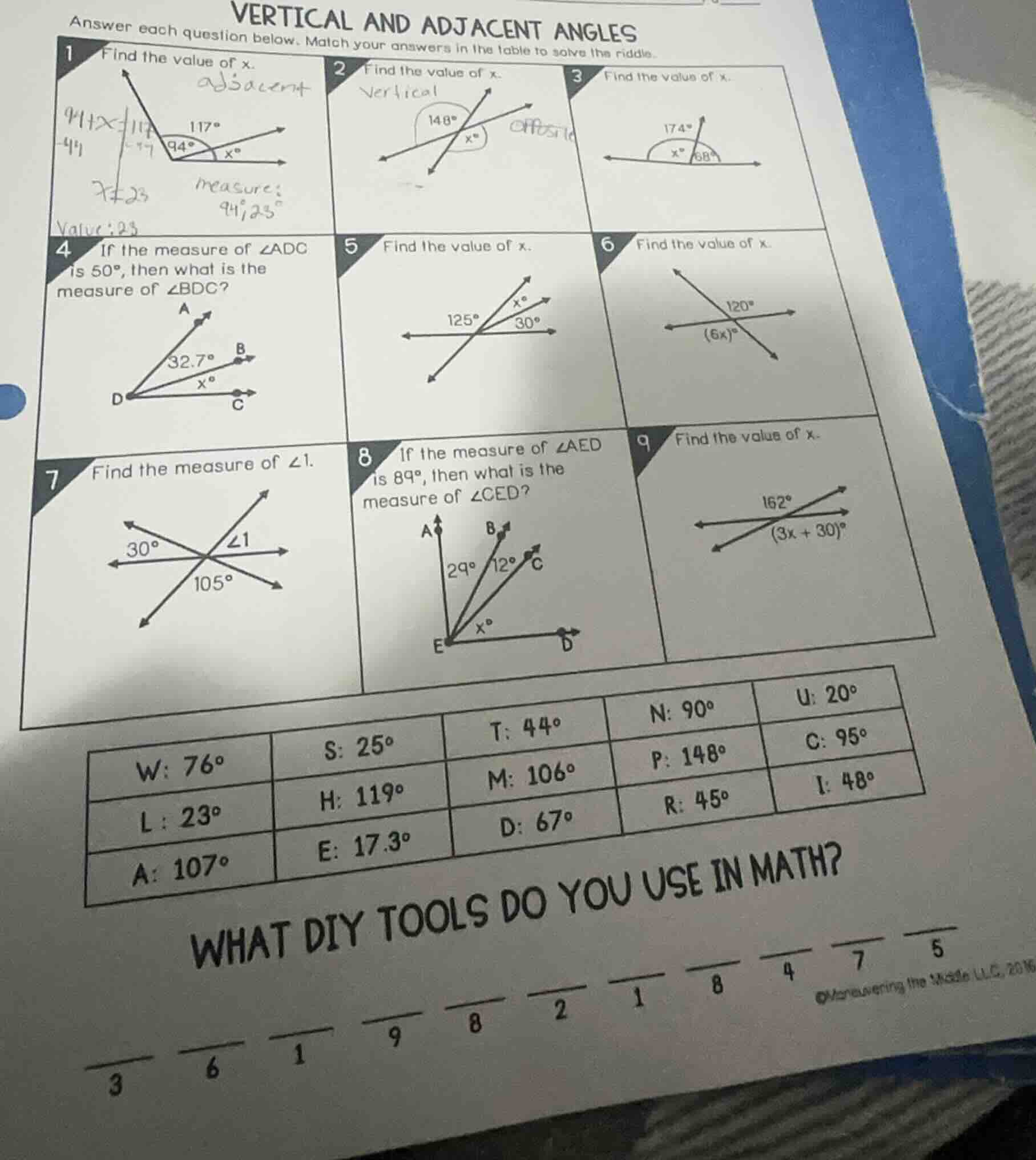 vertical and adjacent angles answer each question below. match your ans…