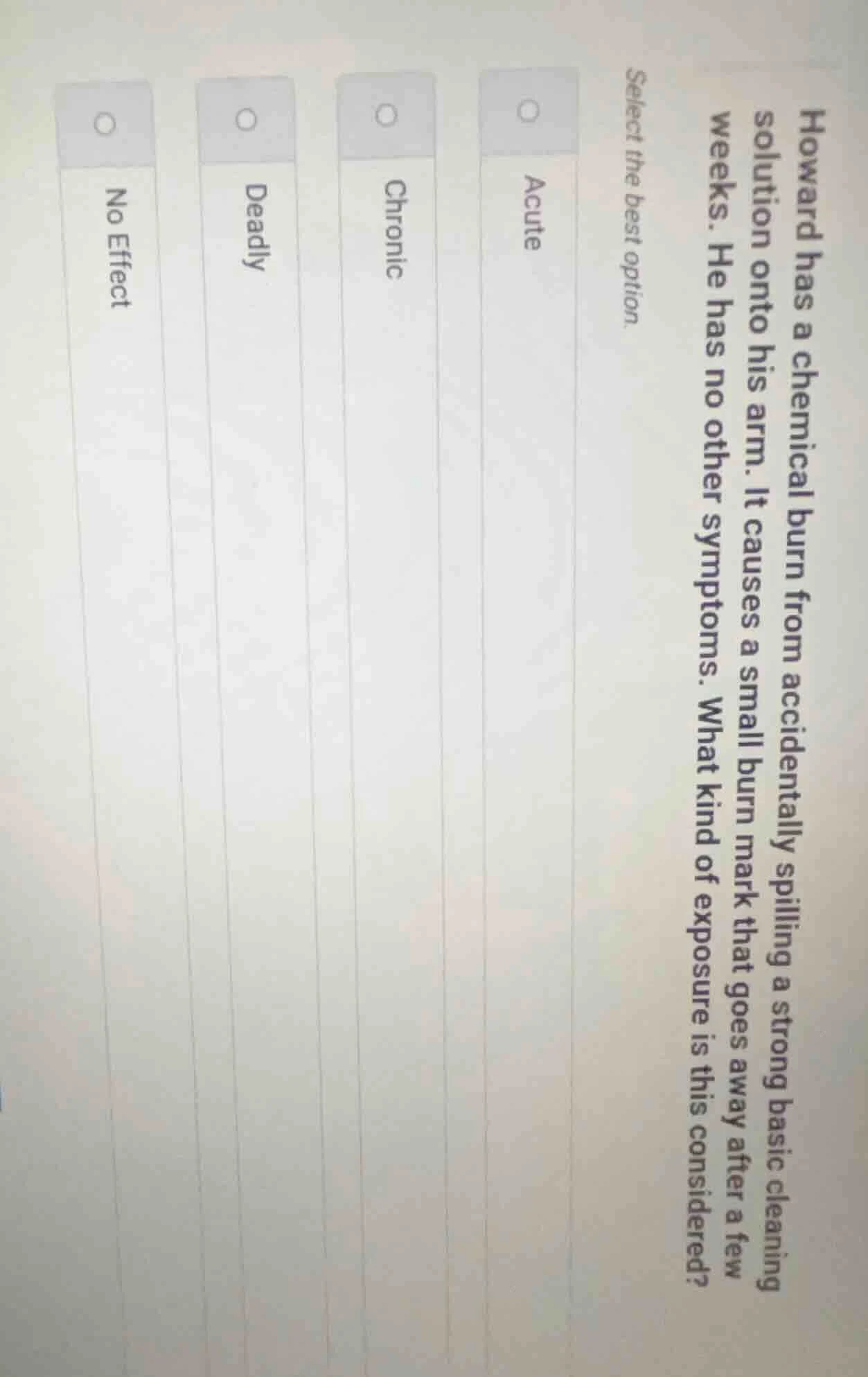 howard has a chemical burn from accidentally spilling a strong basic cl…