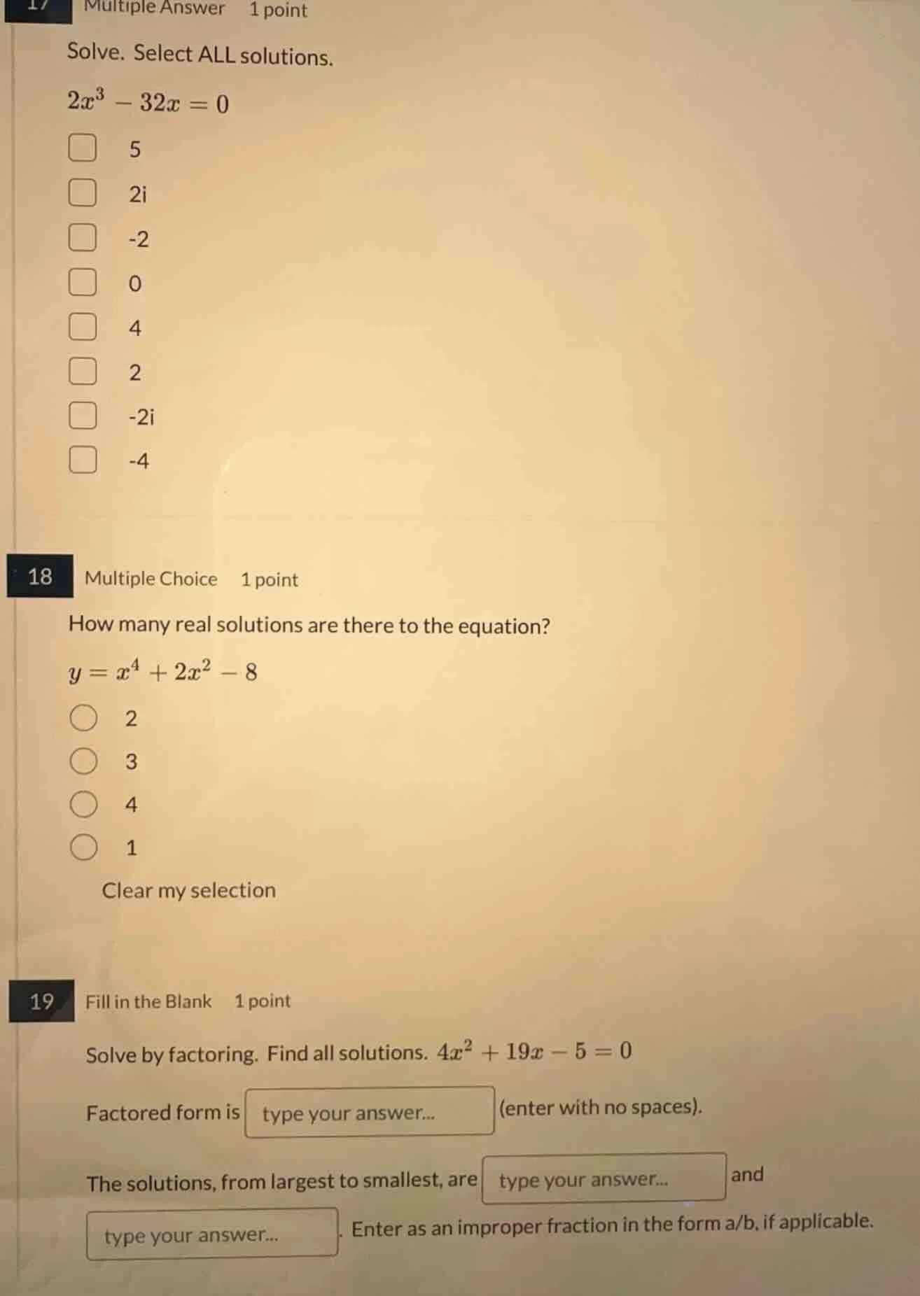 17 multiple answer 1 point solve. select all solutions. $2x^3 - 32x = 0…