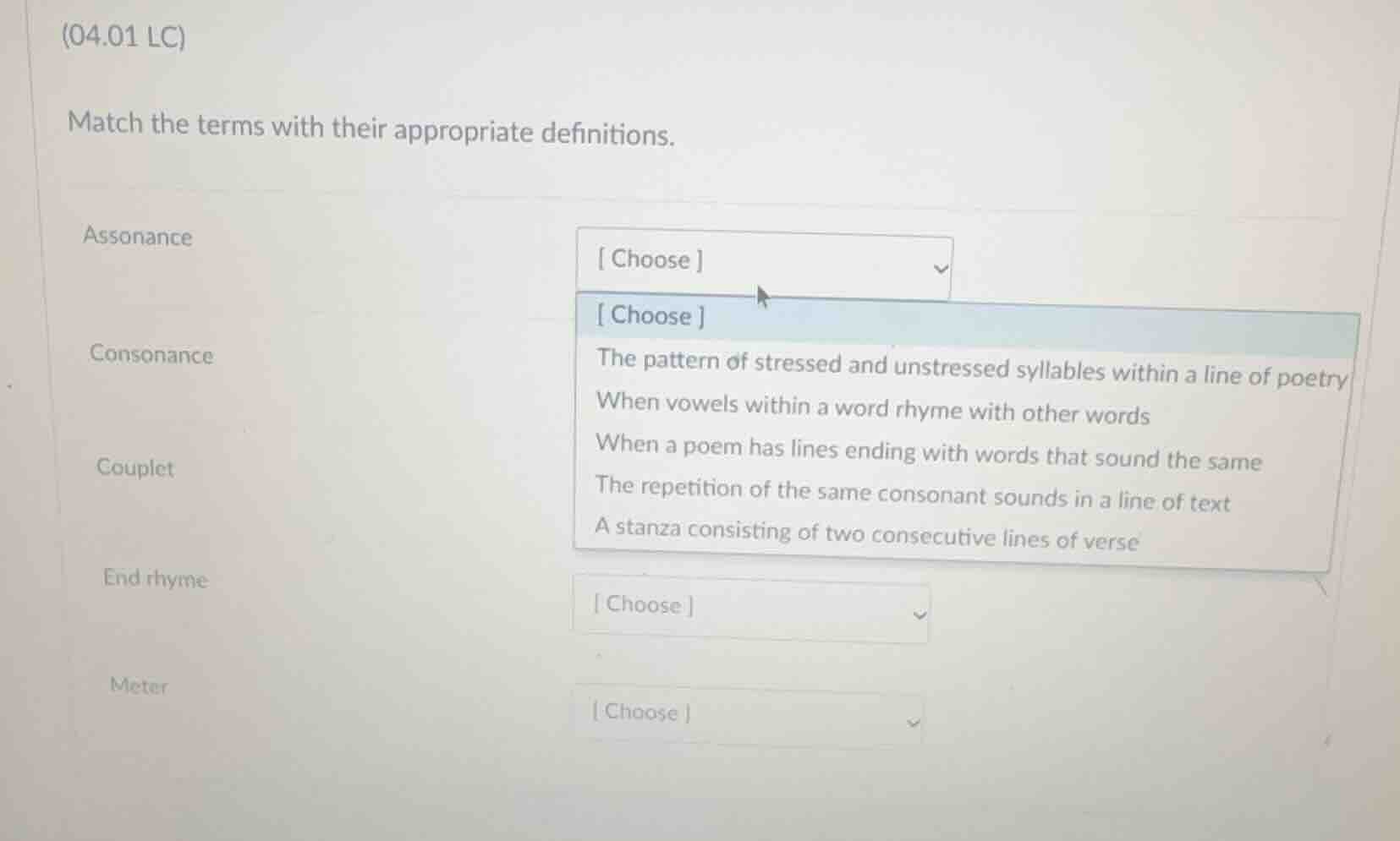 (04.01 lc) match the terms with their appropriate definitions. assonanc…