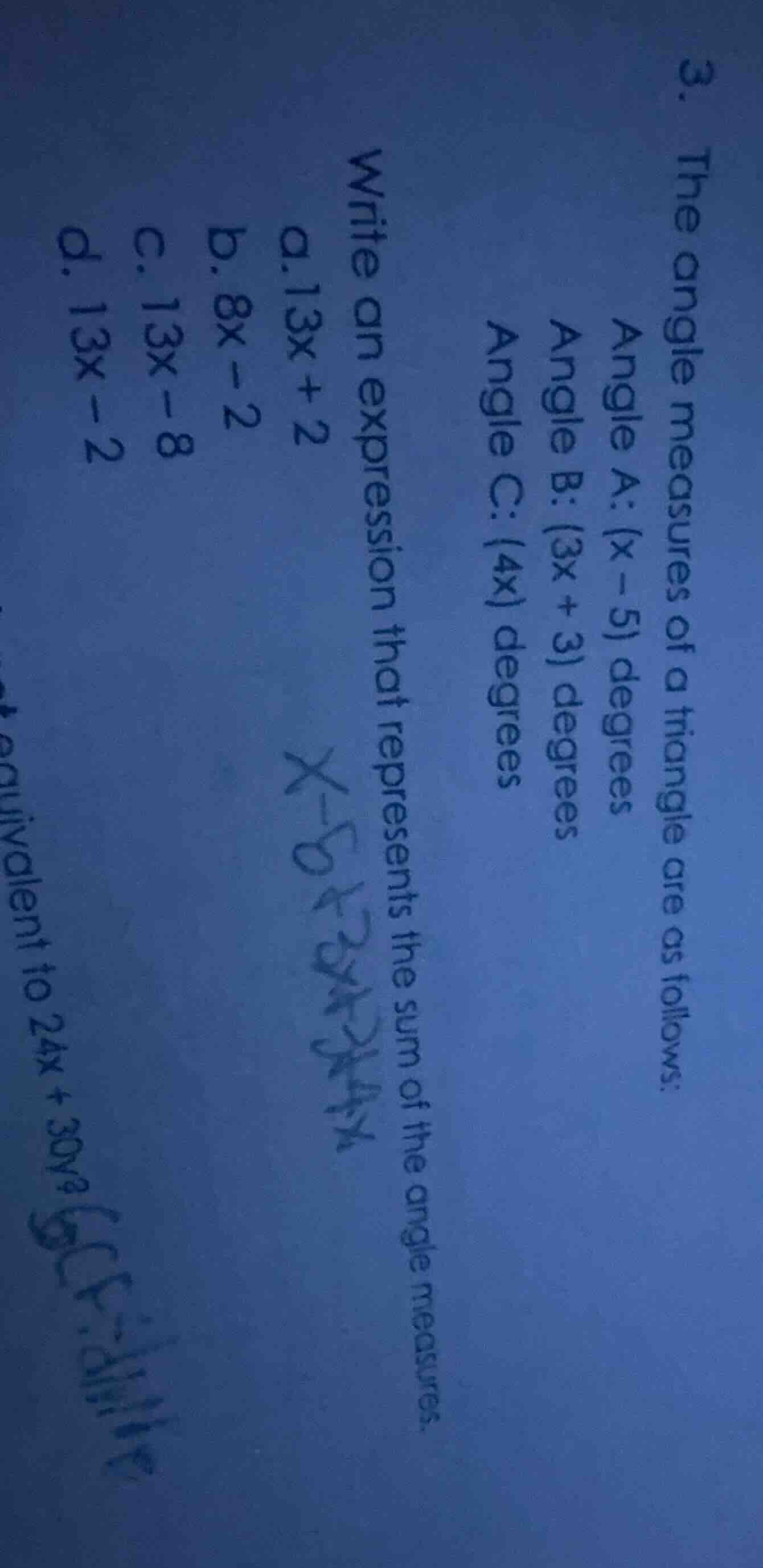 3. the angle measures of a triangle are as follows: angle a: (x - 5) de…