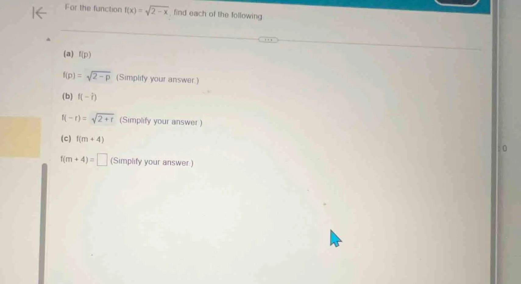 for the function $f(x)=\\sqrt{2 - x}$, find each of the following (a) $…