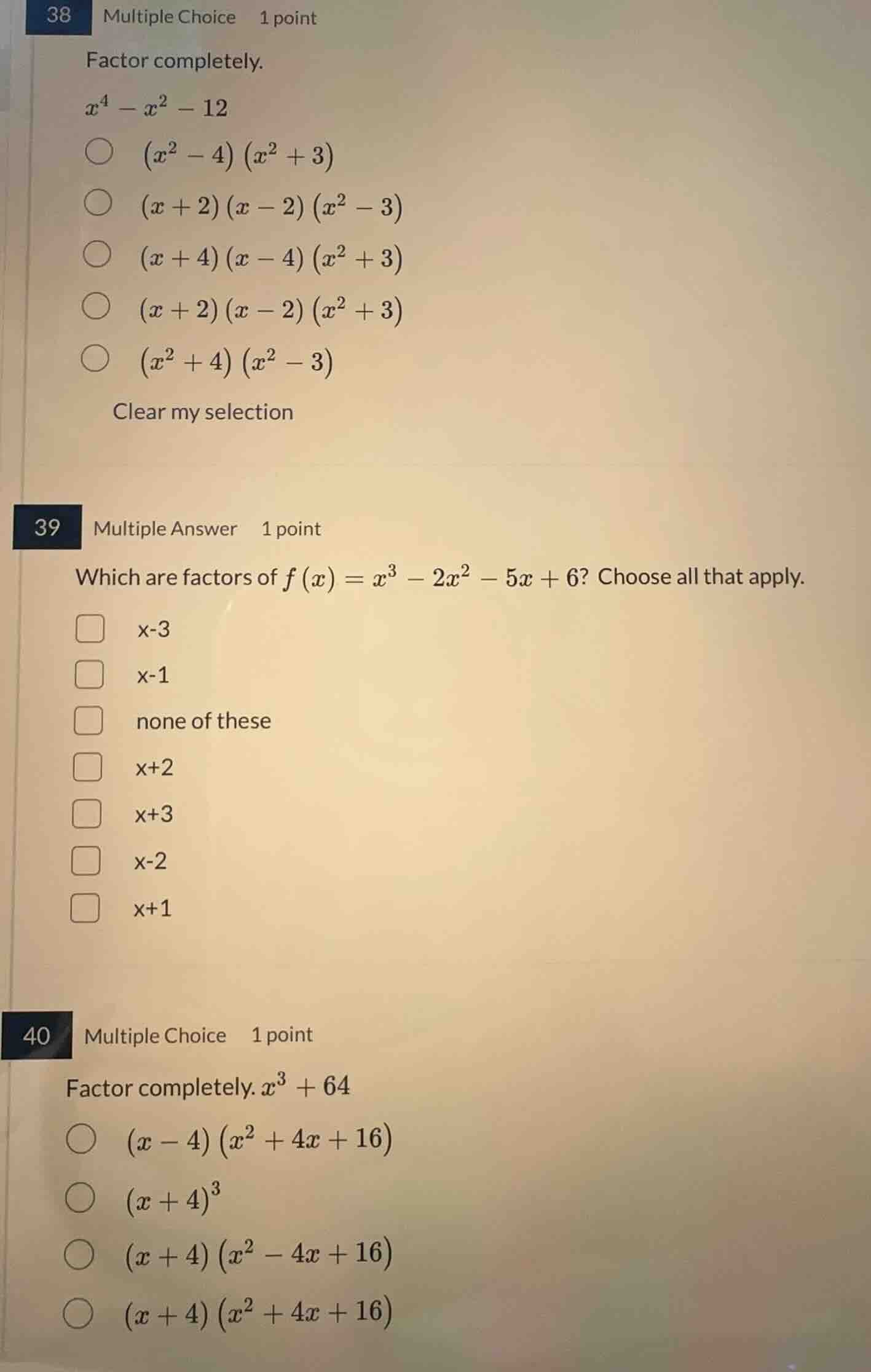 38 multiple choice 1 point factor completely. $x^4 - x^2 - 12$ $\\big(x…