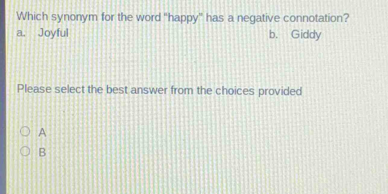 which synonym for the word \happy\ has a negative connotation? a. joyfu…