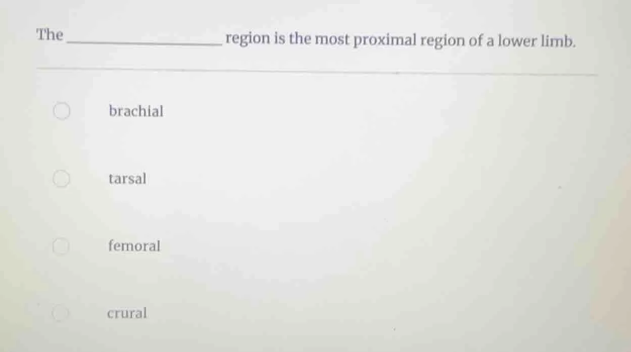 the ____________ region is the most proximal region of a lower limb. br…