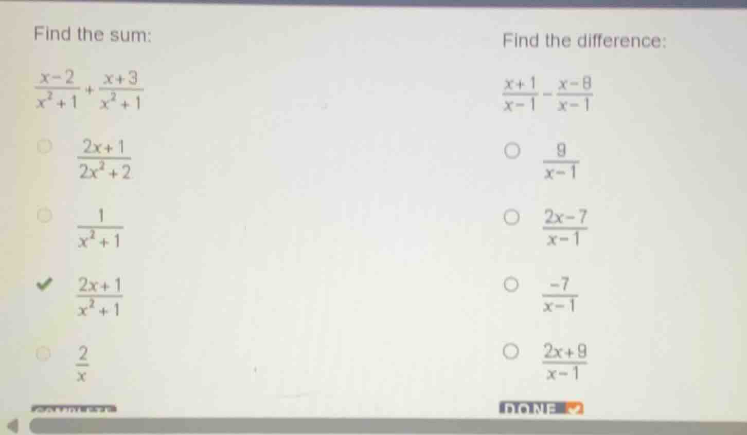 find the sum: \\(\frac{x - 2}{x^2 + 1} + \frac{x + 3}{x^2 + 1}\\) \\(\\…
