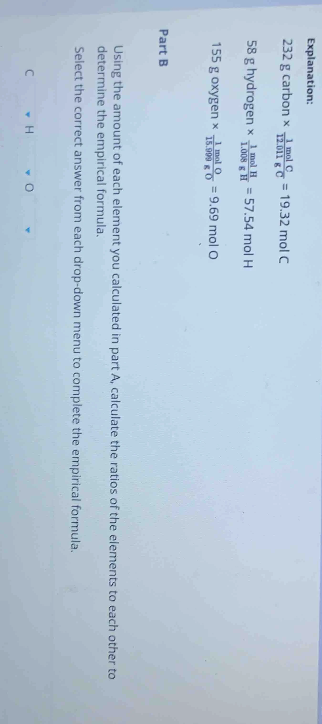 explanation: 232 g carbon × \\(\\frac{1\\text{ mol c}}{12.011\\text{ g …