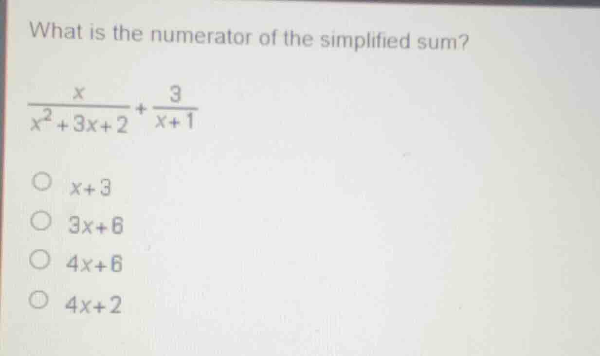 what is the numerator of the simplified sum?\\(\frac{x}{x^2 + 3x + 2} +…