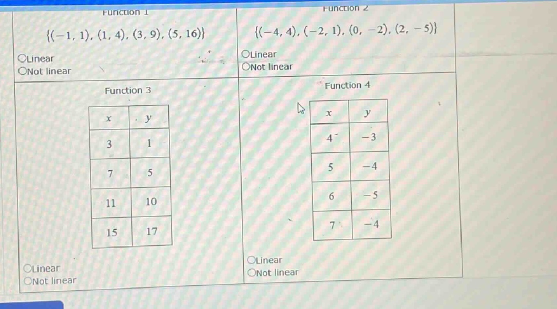 function 1\\{(-1, 1), (1, 4), (3, 9), (5, 16)\\}\ \\bigcirc linear\ \\b…