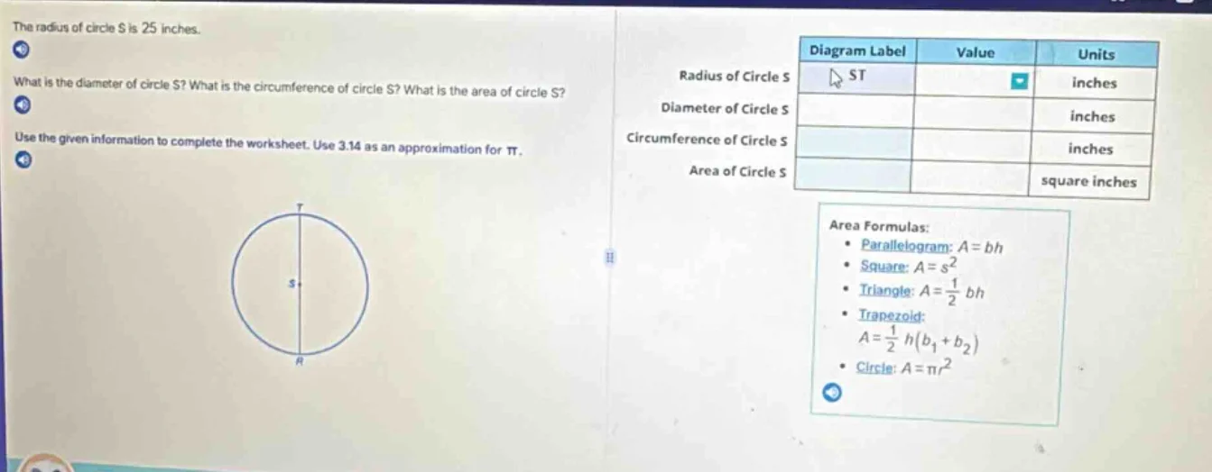 the radius of circle s is 25 inches. what is the diameter of circle s? …