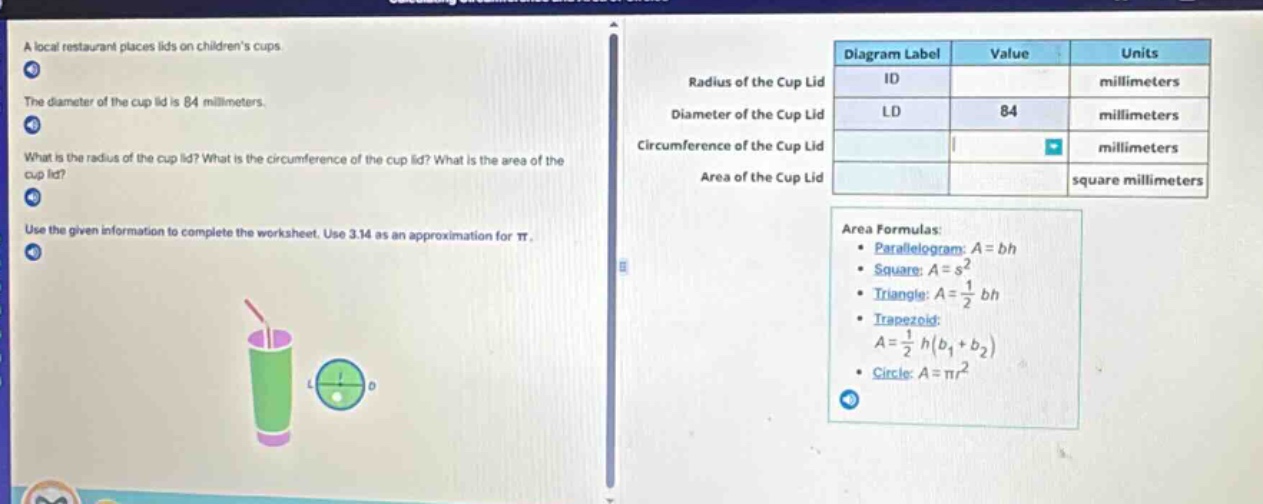 a local restaurant places lids on children’s cups. the diameter of the …