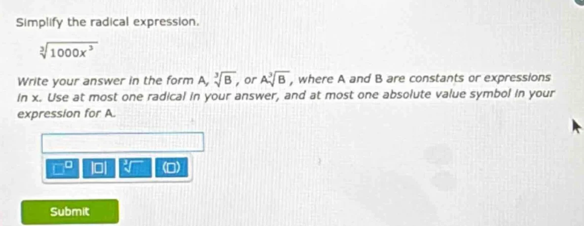 simplify the radical expression.\\(sqrt3{1000x^{3}}\\)\ write your answ…