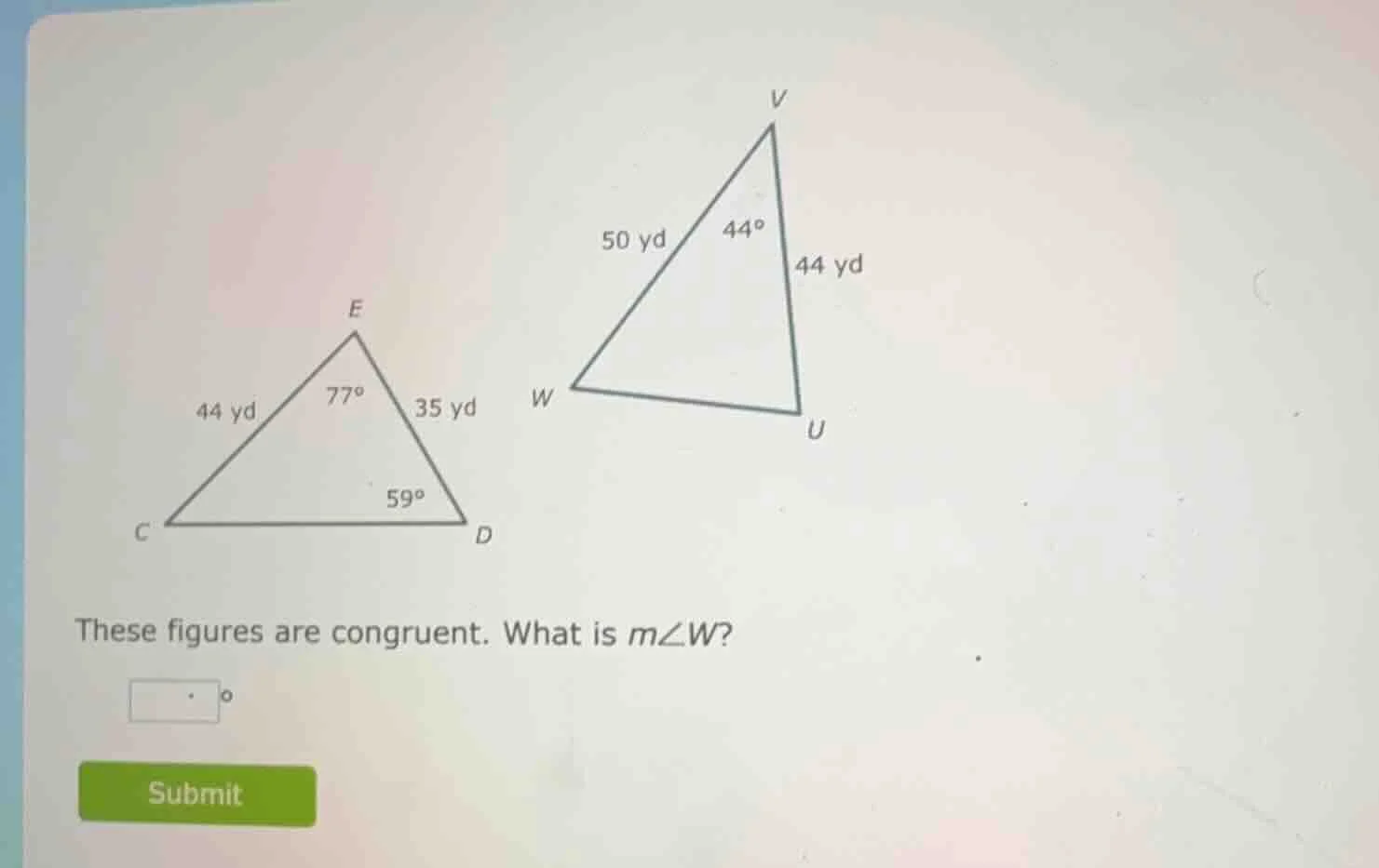 these figures are congruent. what is ( mangle w )?