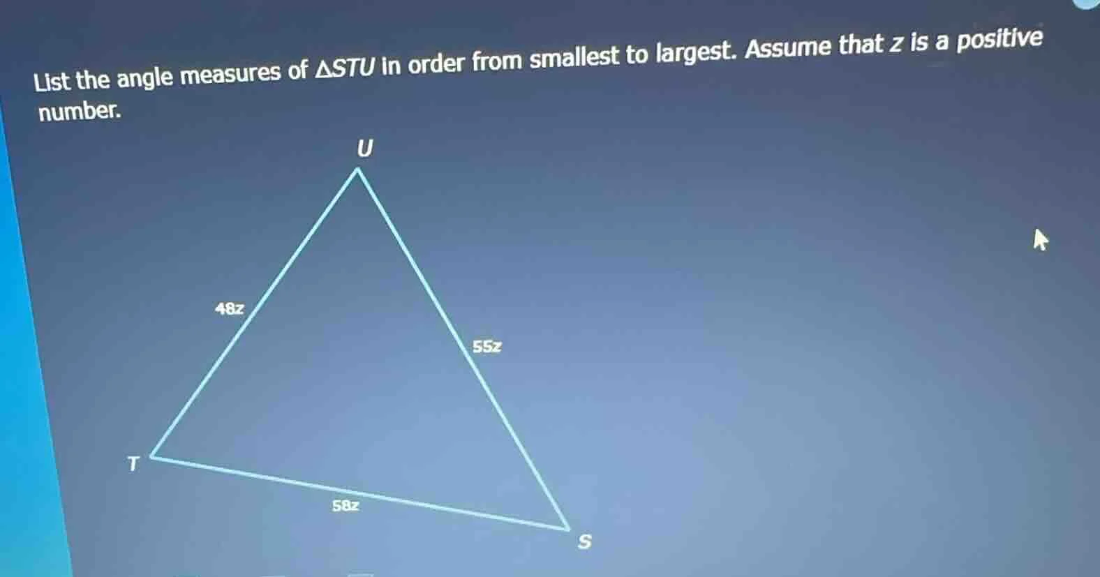 list the angle measures of δstu in order from smallest to largest. assu…