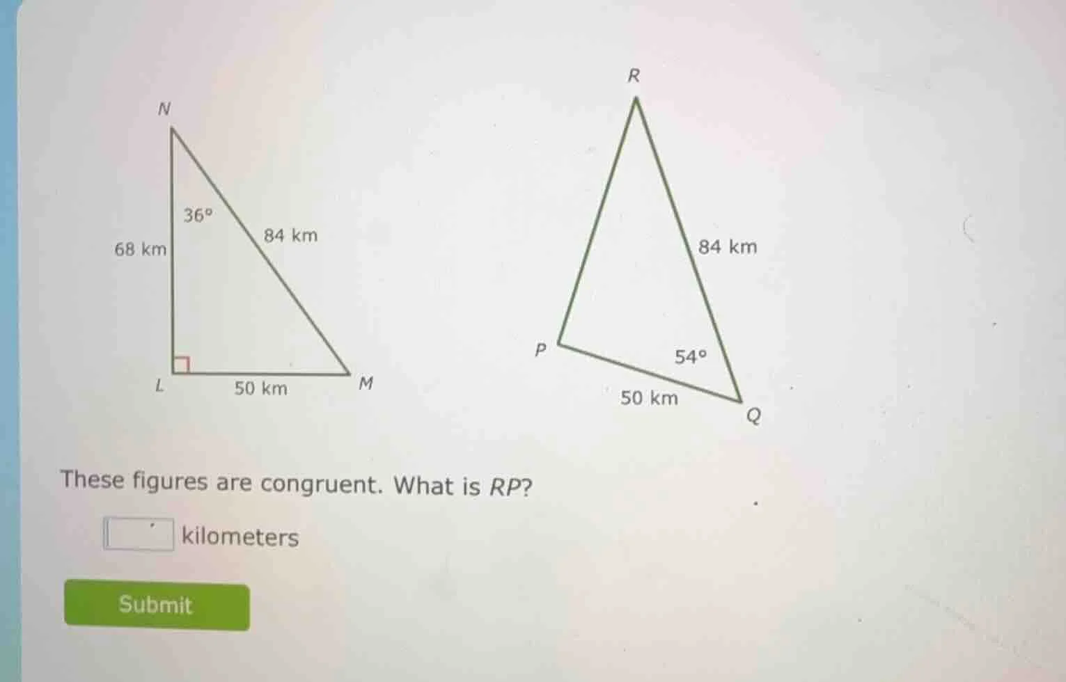 these figures are congruent. what is rp? kilometers
