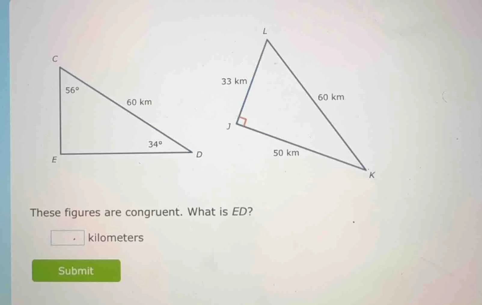 these figures are congruent. what is ed? kilometers