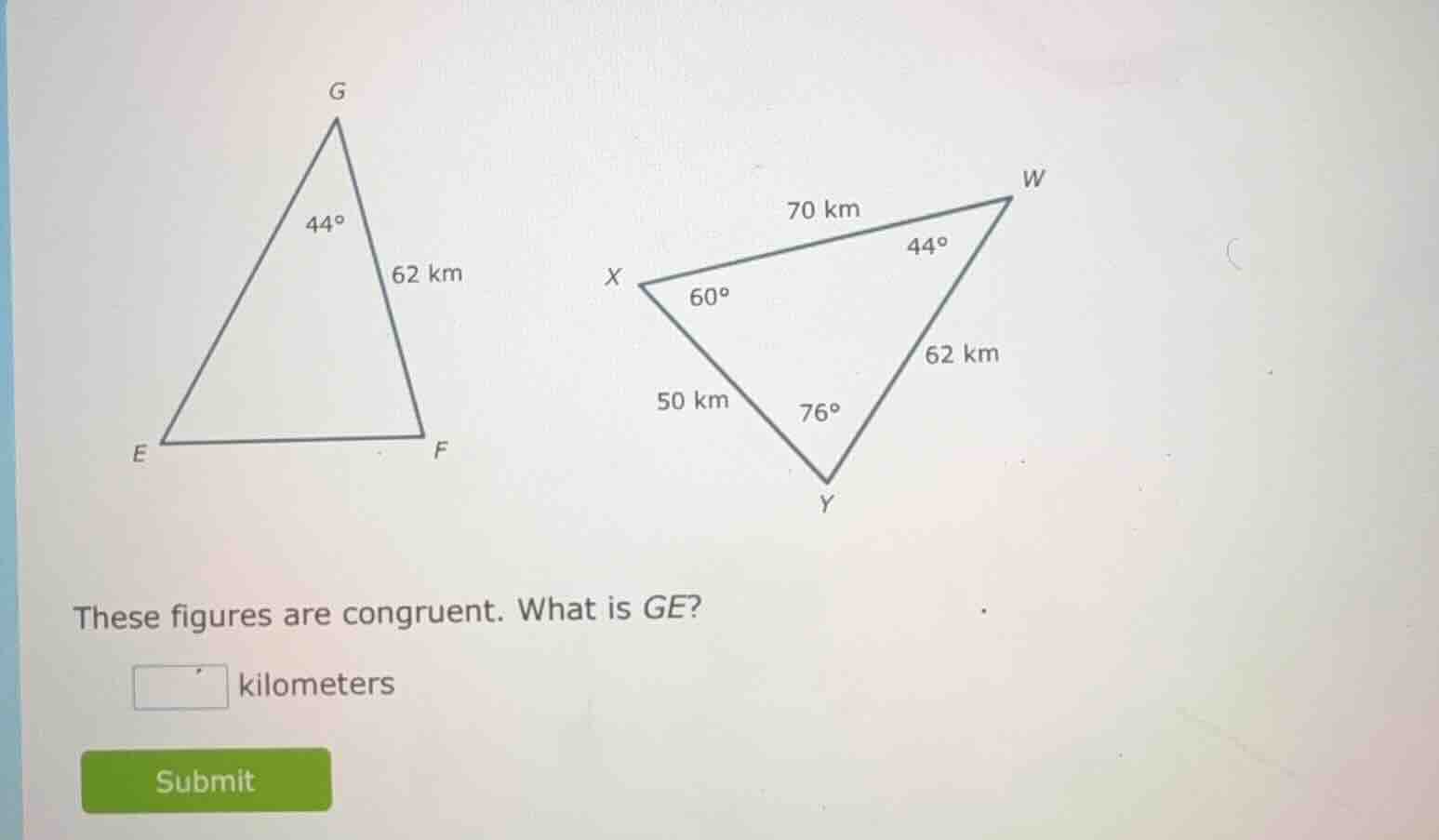 these figures are congruent. what is ge? kilometers submit