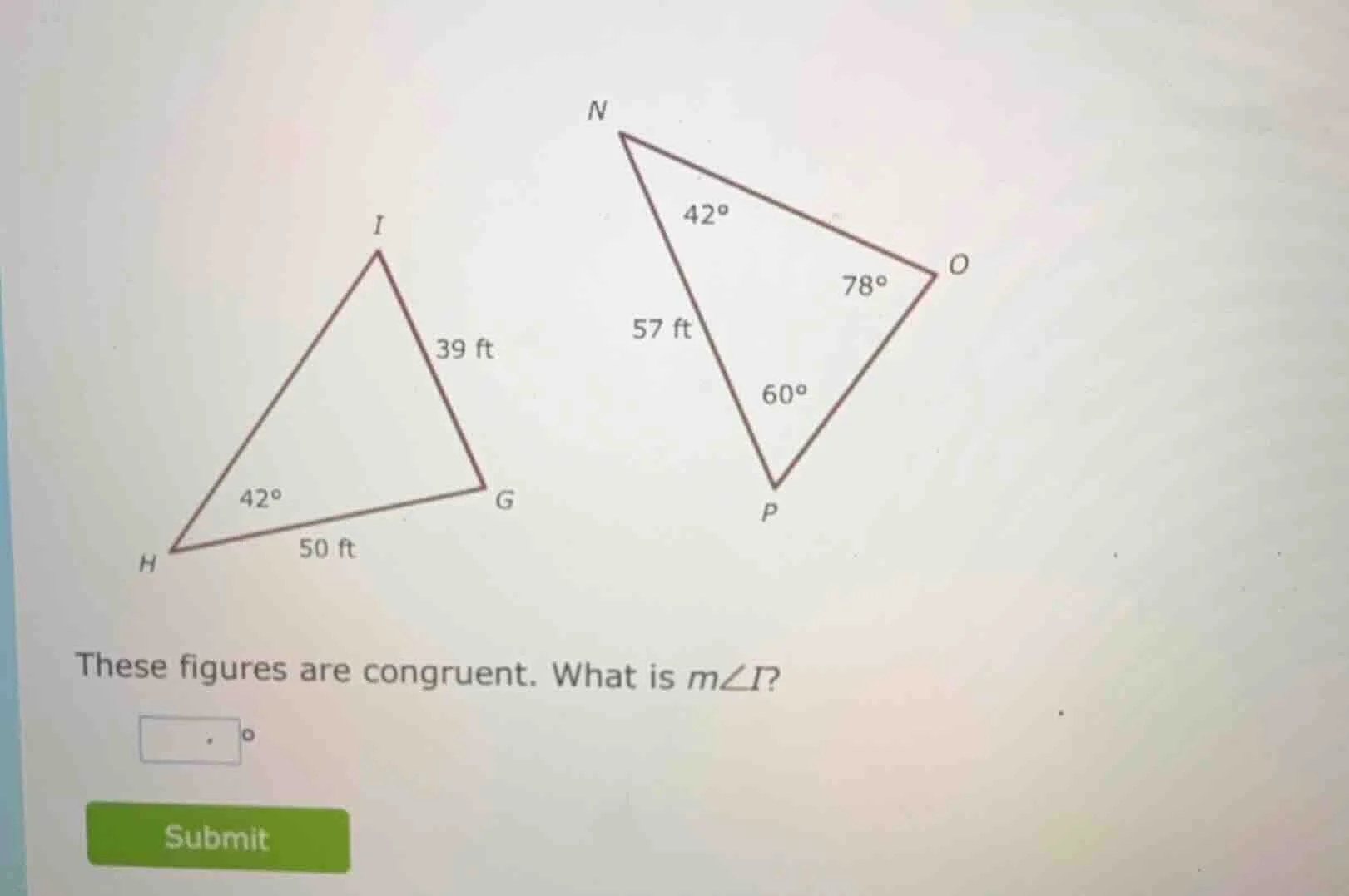 these figures are congruent. what is ( mangle i )?