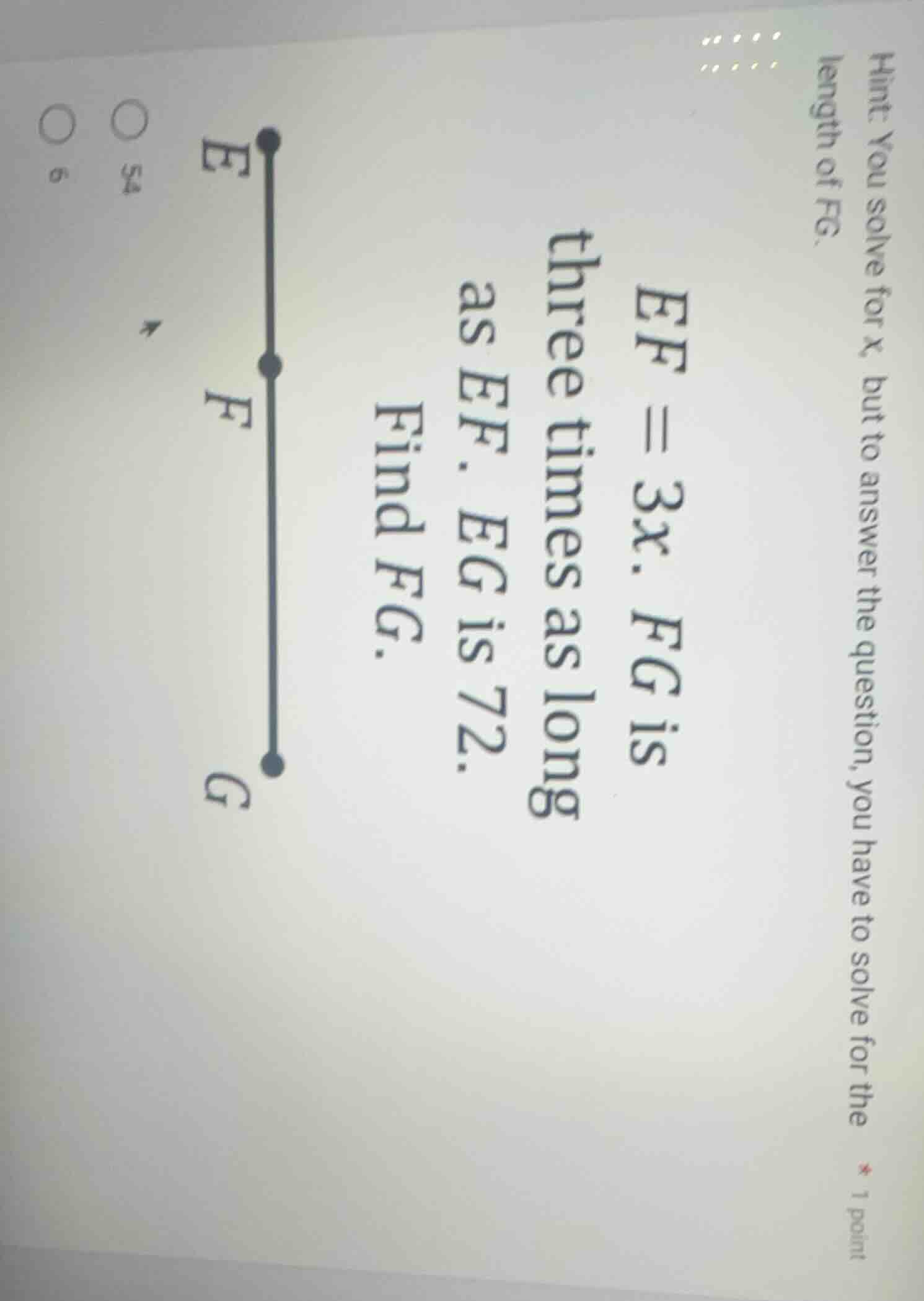 ef = 3x. fg is three times as long as ef. eg is 72. find fg. hint you s…