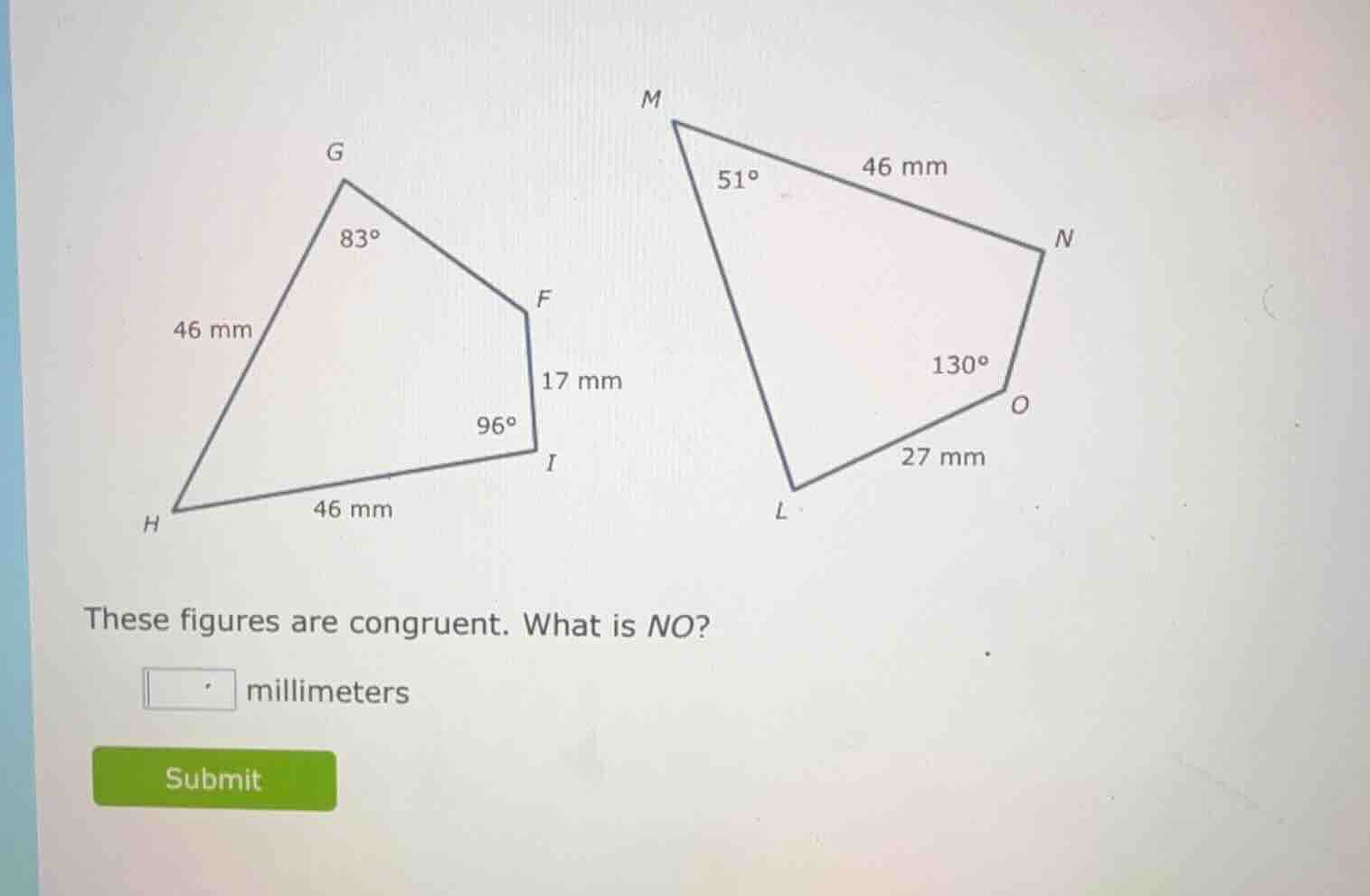 these figures are congruent. what is no? millimeters