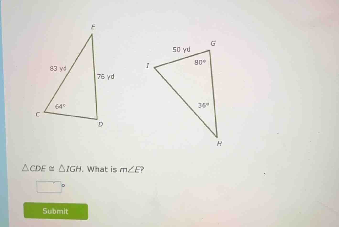 △cde ≅ △igh. what is m∠e?