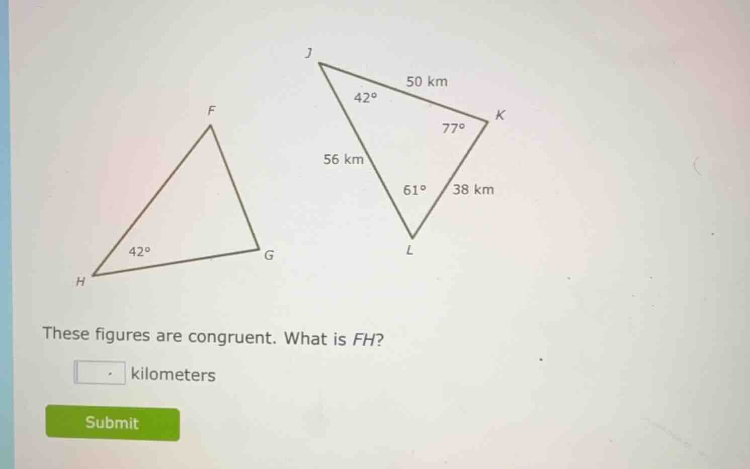 these figures are congruent. what is fh? kilometers