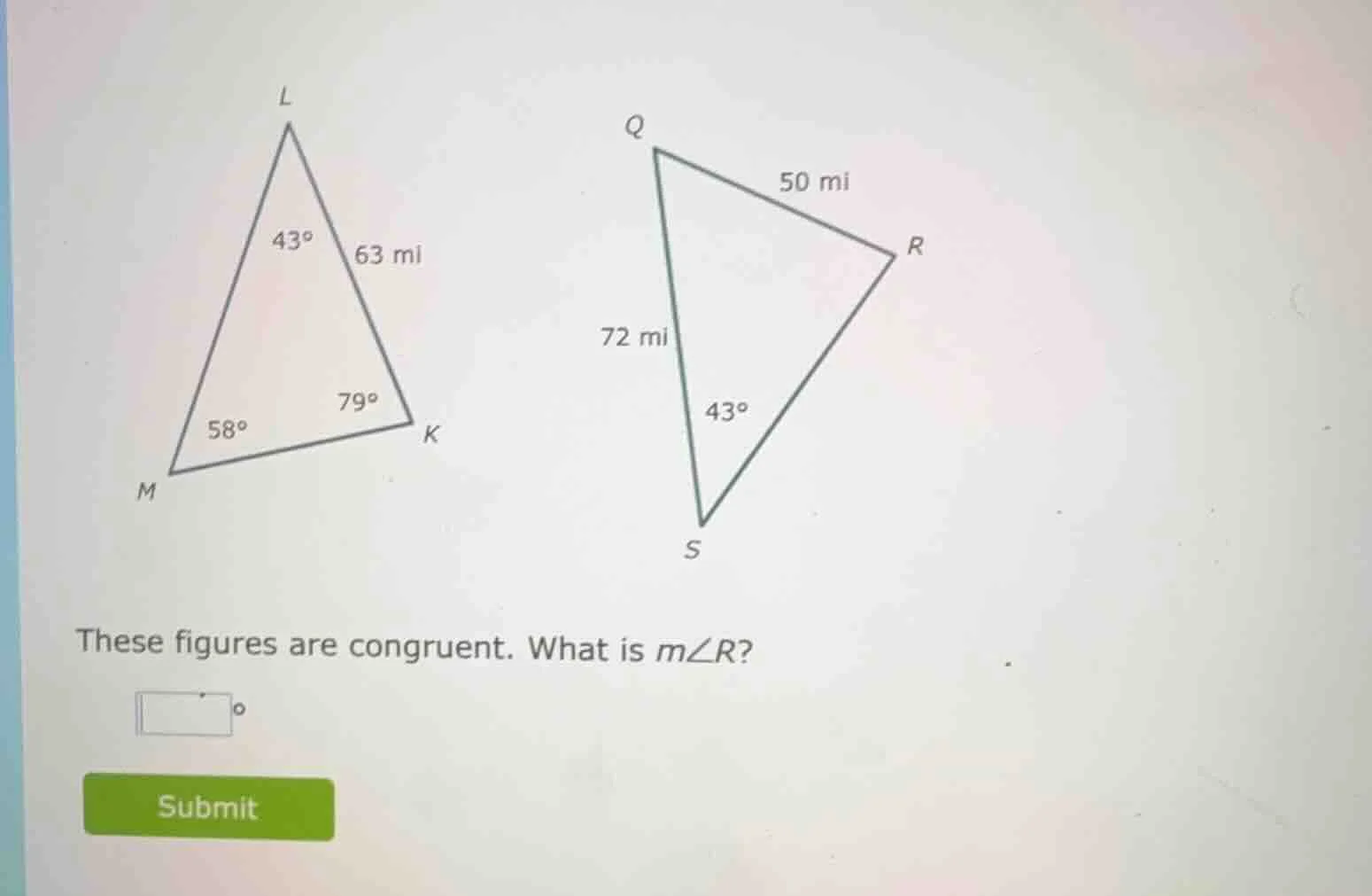 these figures are congruent. what is ( mangle r )?