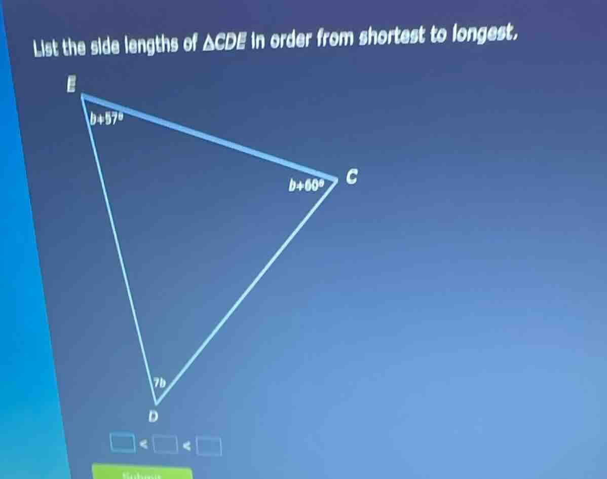 list the side lengths of $\\triangle cde$ in order from shortest to lon…