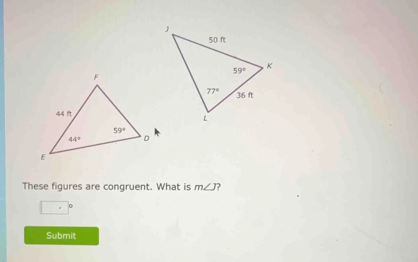 these figures are congruent. what is ( mangle j )?