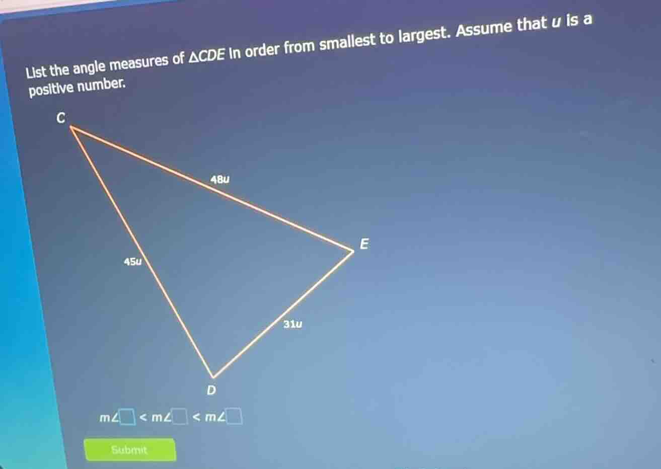 list the angle measures of $\\triangle cde$ in order from smallest to l…