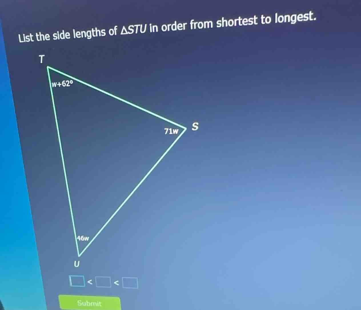 list the side lengths of $\\triangle stu$ in order from shortest to lon…