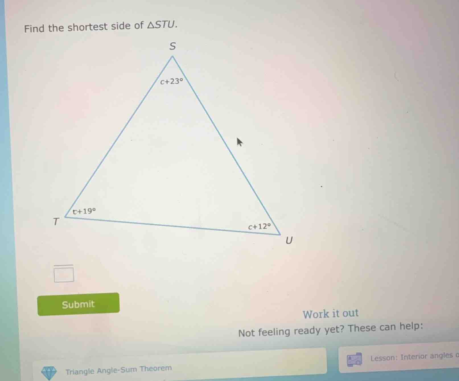 find the shortest side of $\\triangle stu$.