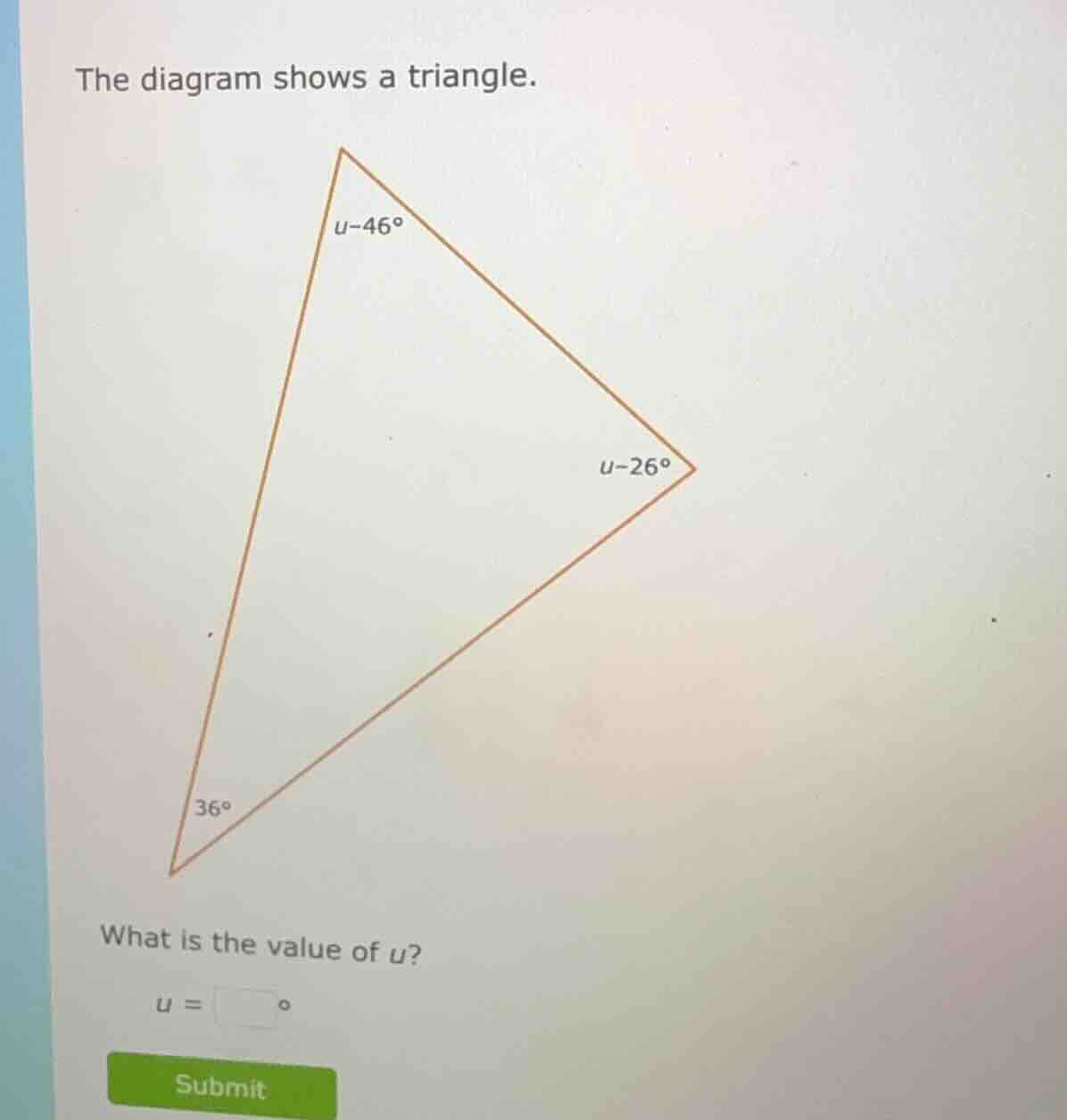 the diagram shows a triangle. what is the value of ( u )? ( u = square^…
