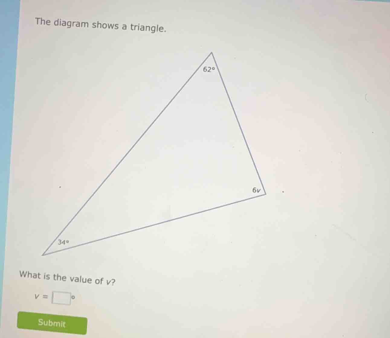 the diagram shows a triangle. what is the value of ( v )? ( v = square^…