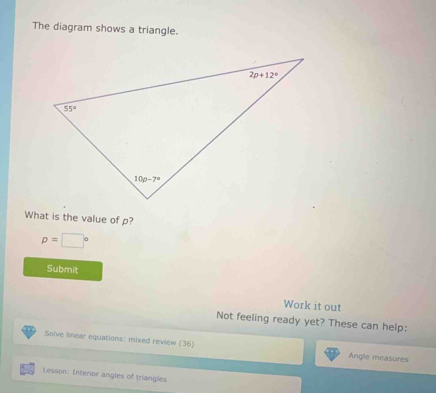 the diagram shows a triangle. what is the value of p? p = \\square^\\ci…